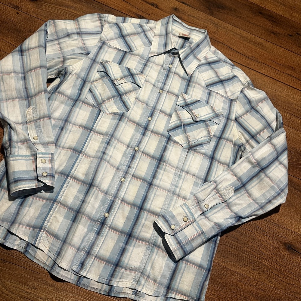 True Religion Blue Plaid Western Pearl Snap Shirt Mens XXL